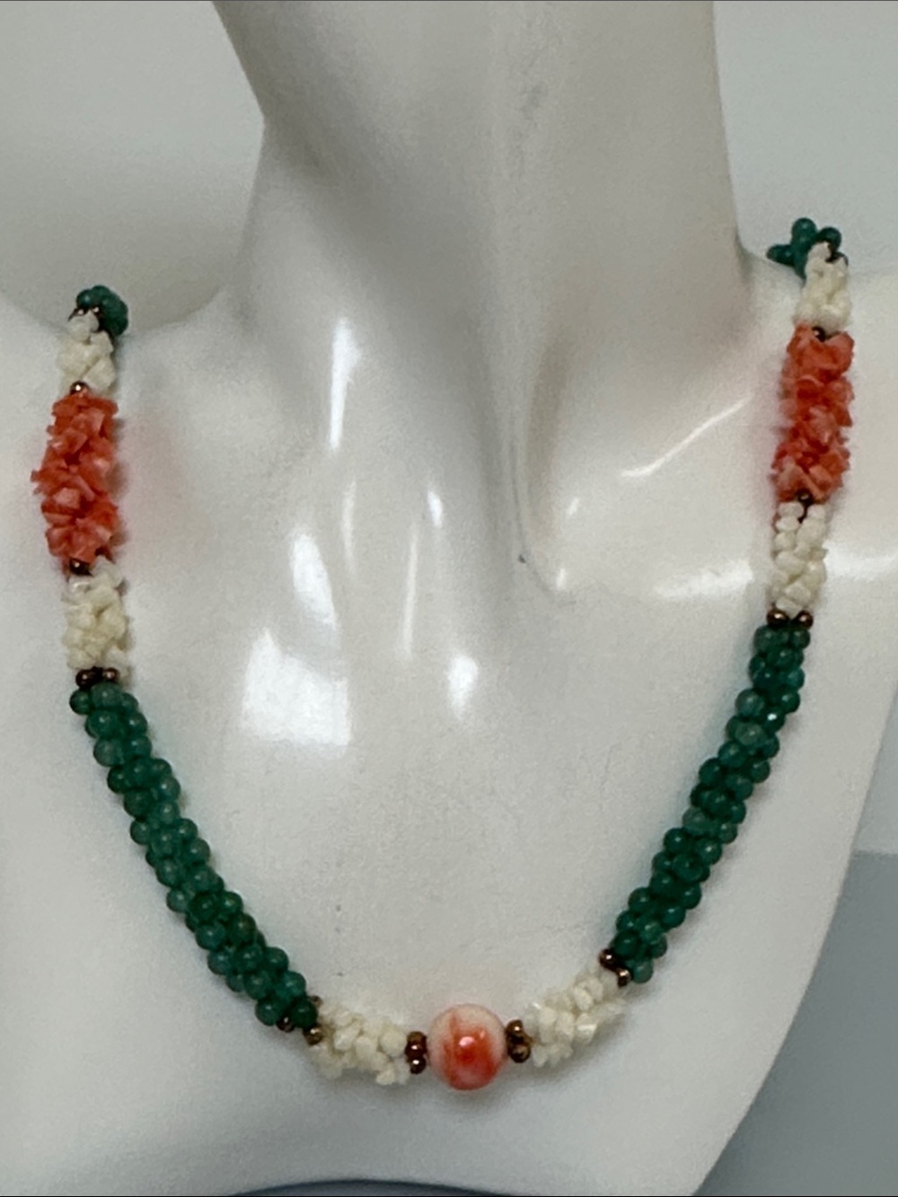 Vintage Jade Green, Coral and cream Coral Beaded Necklace​